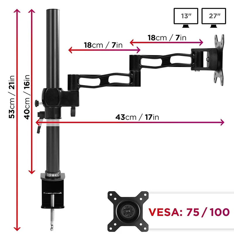 Duronic DM351X3 BK Support d'écran à Pince pour Bureau Noir - Hauteur Ajustable - Rotatif/Inclinable/Pivotable - Compatible avec Moniteur d'Ordinateur LCD/LED VESA 75/100 - 2 Extensions