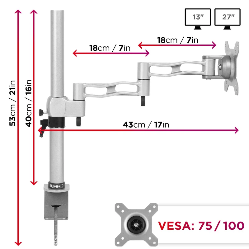 Duronic DM351X3 SR Support d'écran à Pince pour Bureau argenté | Hauteur Ajustable | Rotatif/Inclinable/Pivotable | Compatibilité Universelle avec Moniteur VESA 75/100 | 2 Extensions | Aluminium