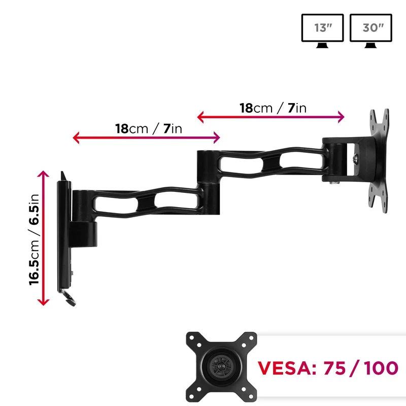 Duronic DM35W1X3 Support Mural pour écran de PC | Hauteur Ajustable | Inclinable/Rotatif | Compatibilité Universelle avec Moniteur VESA 75/100 | 1 Extension | Passe câble | Installation au Mur