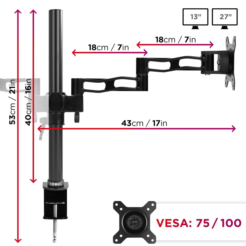 Duronic DM352 BK Support de 2 moniteurs à Pince pour Bureau - Hauteur Ajustable - Rotatif/Inclinable/Pivotable - Compatible avec moniteurs LCD/LED VESA 75/100 - Potence et Bras en Aluminium