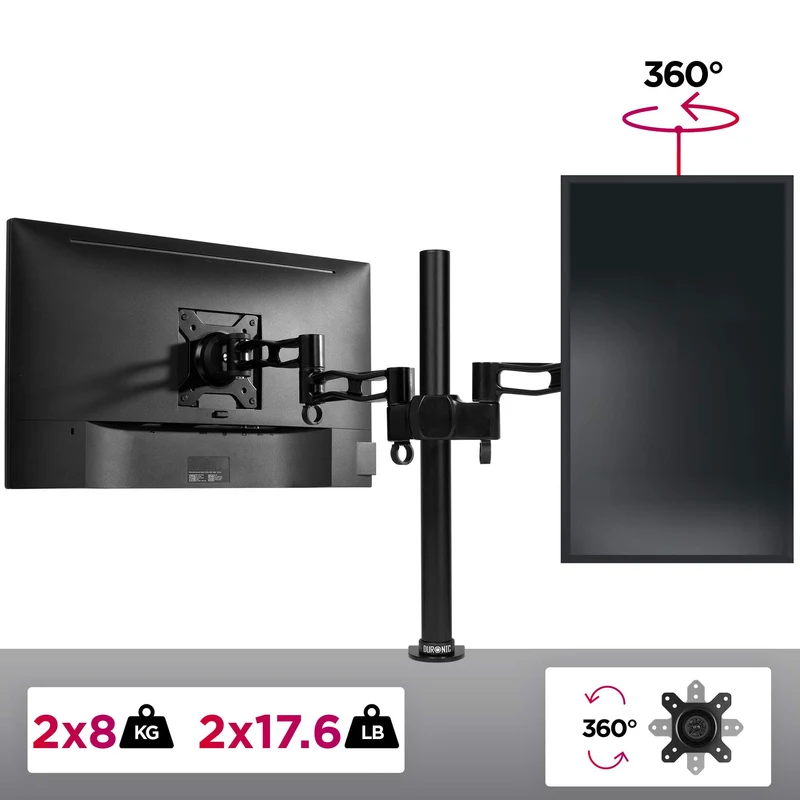 Duronic DM352 BK Support de 2 moniteurs à Pince pour Bureau - Hauteur Ajustable - Rotatif/Inclinable/Pivotable - Compatible avec moniteurs LCD/LED VESA 75/100 - Potence et Bras en Aluminium
