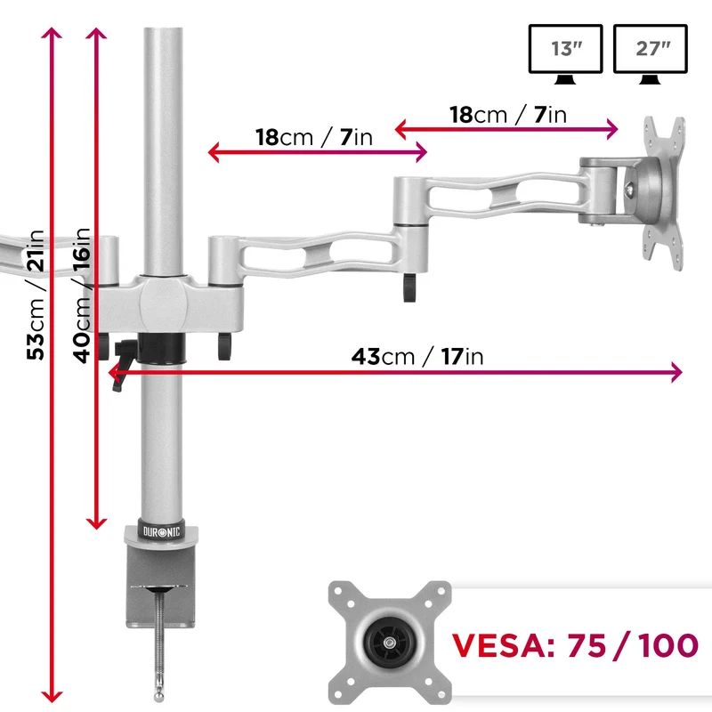 Duronic DM352 SR Support 2 écrans à Pince pour Bureau argenté | Hauteur Ajustable | Rotatif/Inclinable/Pivotable | Compatibilité Universelle avec moniteurs VESA 75/100 | en Aluminium