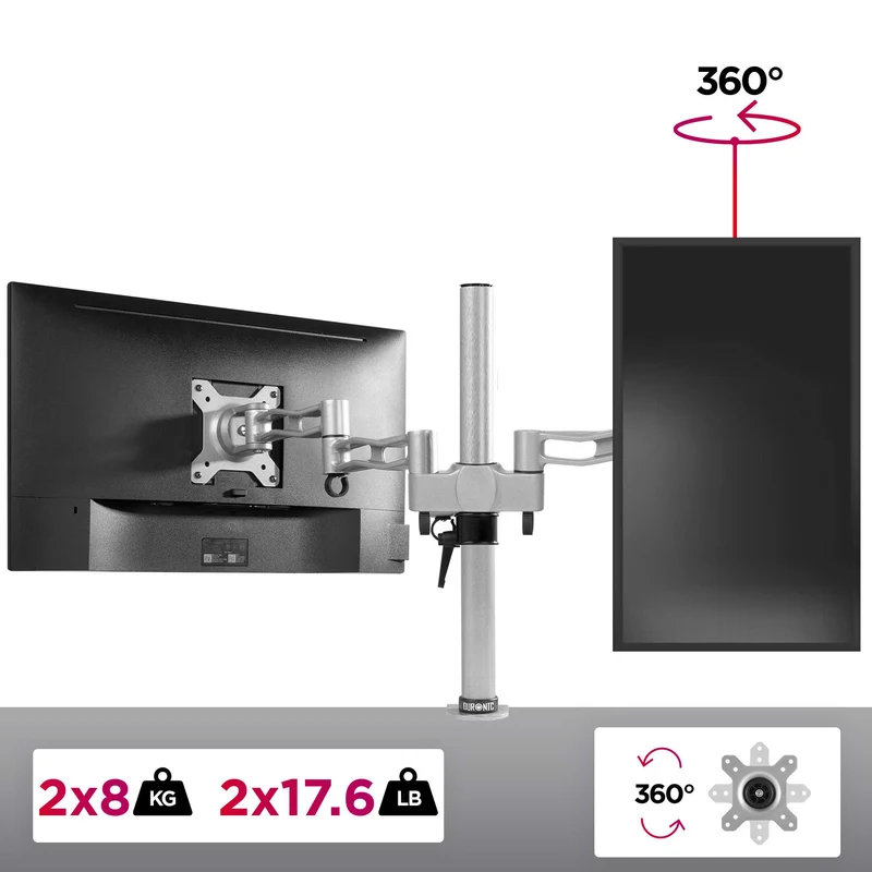 Duronic DM352 SR Support 2 écrans à Pince pour Bureau argenté | Hauteur Ajustable | Rotatif/Inclinable/Pivotable | Compatibilité Universelle avec moniteurs VESA 75/100 | en Aluminium