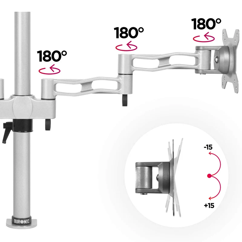 Duronic DM352 SR Support 2 écrans à Pince pour Bureau argenté | Hauteur Ajustable | Rotatif/Inclinable/Pivotable | Compatibilité Universelle avec moniteurs VESA 75/100 | en Aluminium