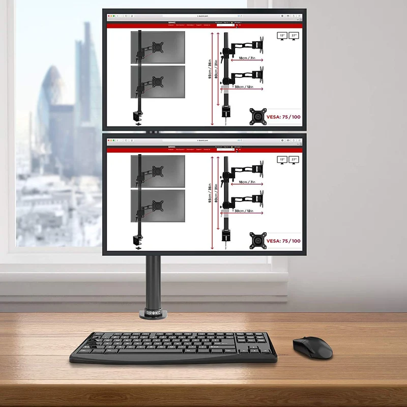 Duronic DM35V2X1 Support Vertical pour 2 écrans à Pince pour Bureau | Hauteur Ajustable | Inclinable/Pivotable | Compatibilité Universelle avec Moniteur VESA 75/100 | Aluminium | Passe câble Inclus