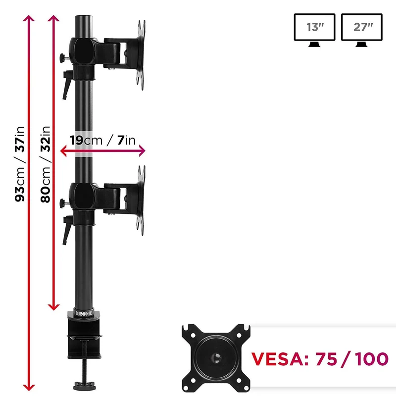 Duronic DM35V2X1 Support Vertical pour 2 écrans à Pince pour Bureau | Hauteur Ajustable | Inclinable/Pivotable | Compatibilité Universelle avec Moniteur VESA 75/100 | Aluminium | Passe câble Inclus