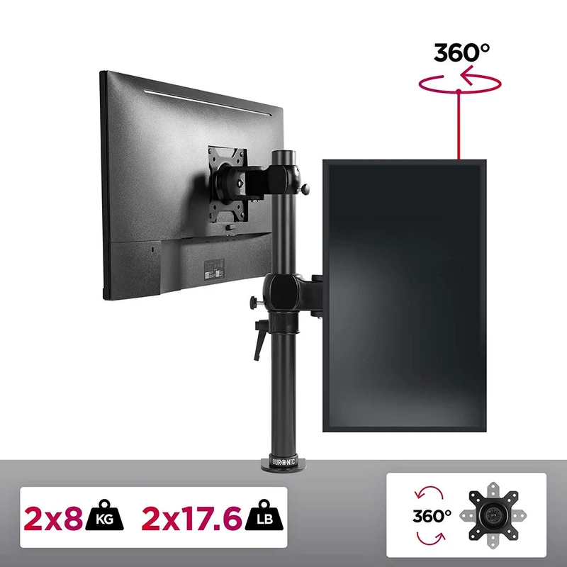 Duronic DM35V2X1 Support Vertical pour 2 écrans à Pince pour Bureau | Hauteur Ajustable | Inclinable/Pivotable | Compatibilité Universelle avec Moniteur VESA 75/100 | Aluminium | Passe câble Inclus
