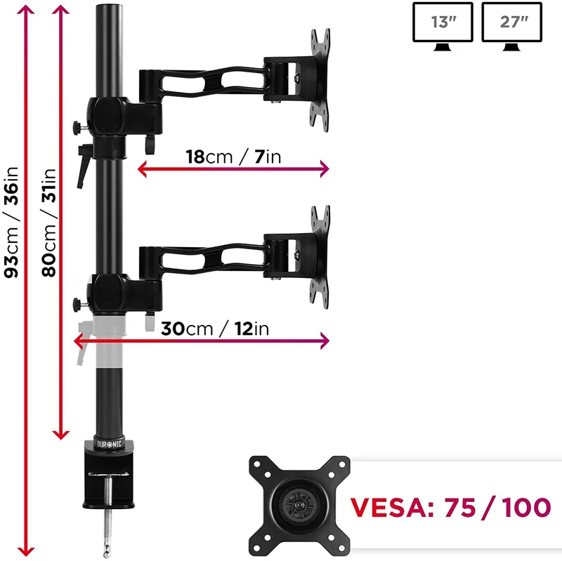 Duronic DM35V2X2 Support vertical pour 2 deux écrans à pince pour bureau | Hauteur ajustable | Inclinable / Pivotable | Compatibilité universelle avec moniteur VESA 75/100 | 1 Extension | Aluminium