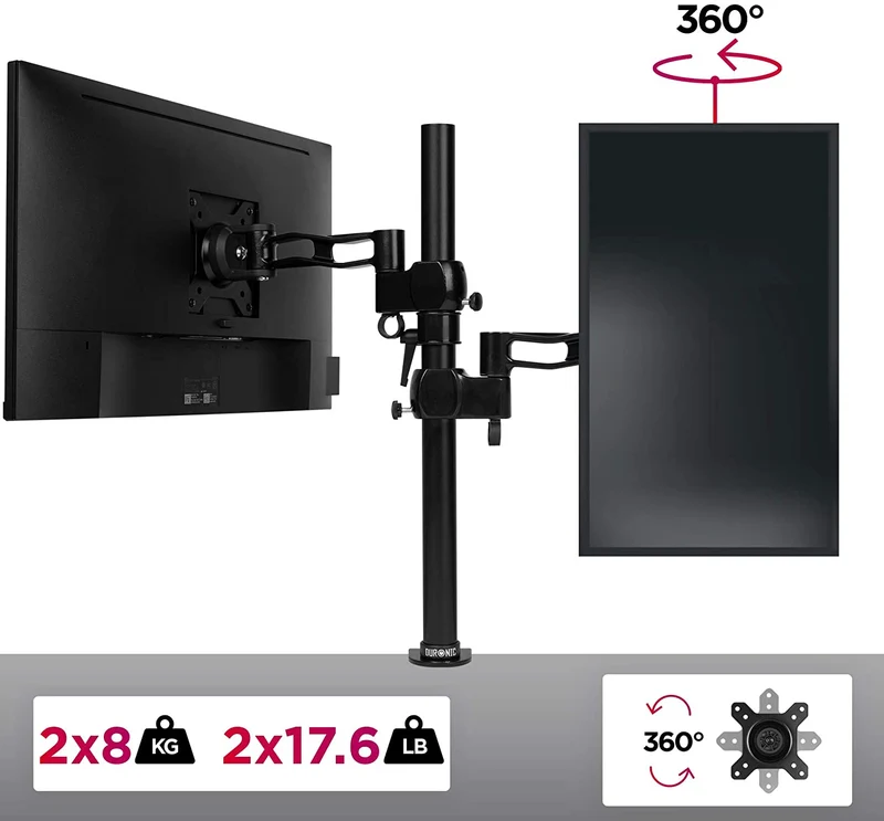 Duronic DM35V2X2 Support vertical pour 2 deux écrans à pince pour bureau | Hauteur ajustable | Inclinable / Pivotable | Compatibilité universelle avec moniteur VESA 75/100 | 1 Extension | Aluminium