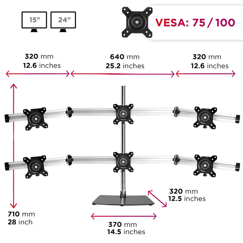 Duronic DM756 Support sextuple 6 écrans de PC sur Socle | Hauteur Ajustable | Rotatif et Inclinable | Compatibilité avec Moniteur VESA 75/100 | Potence et Bras en Aluminium | Passe câble Inclus