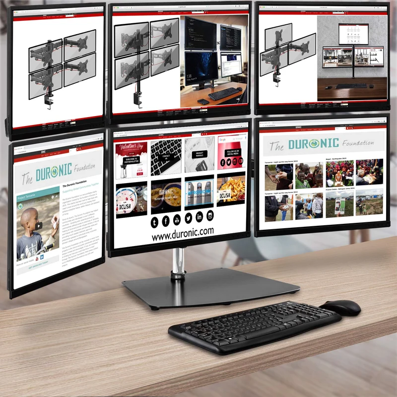 Duronic DM756 Support sextuple 6 écrans de PC sur Socle | Hauteur Ajustable | Rotatif et Inclinable | Compatibilité avec Moniteur VESA 75/100 | Potence et Bras en Aluminium | Passe câble Inclus