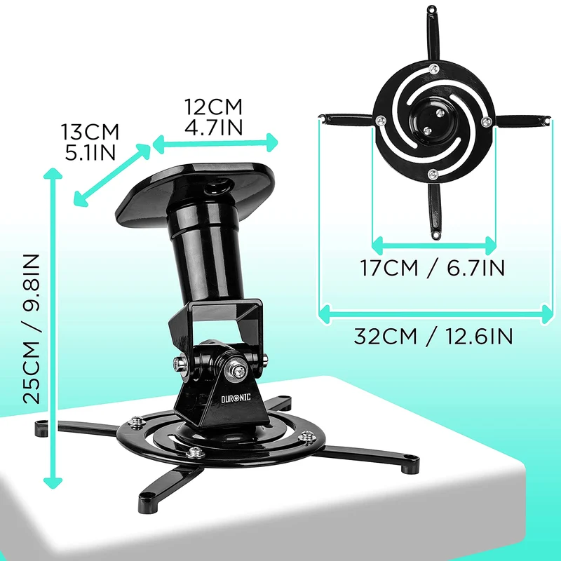 Duronic PB01XB Support pour Vidéoprojecteur Plafond Rotatif 360° Inclinable 180° Pivotant 180° Charge maximale de 10 kg Idéal pour Home Cinema présentations conférences