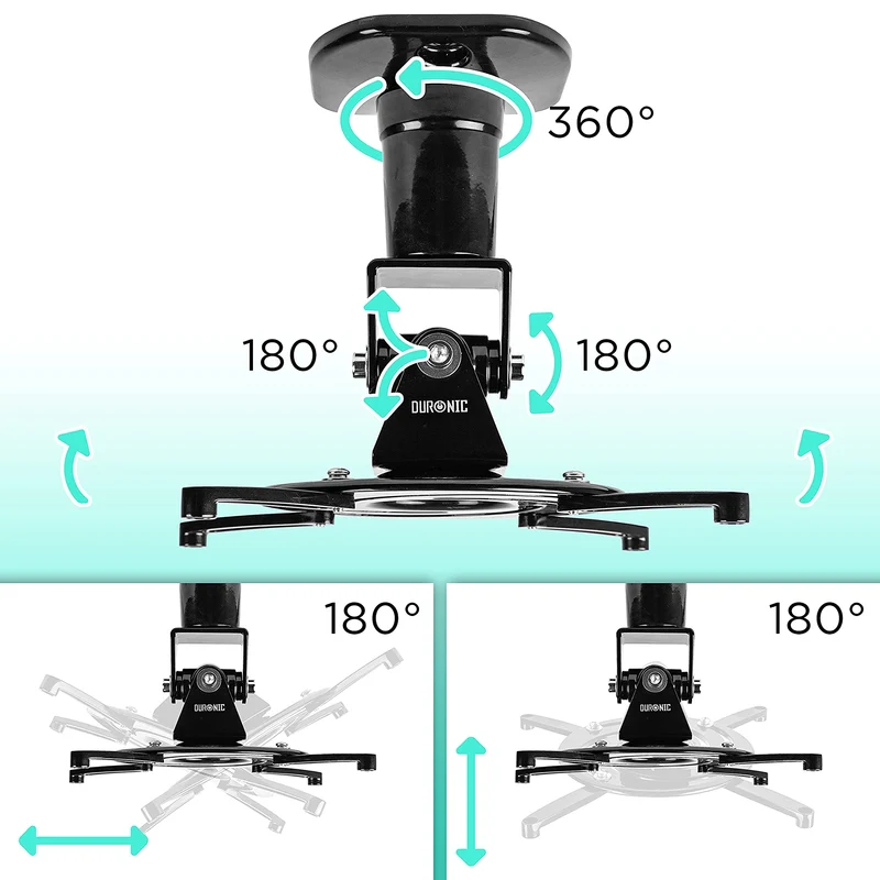 Duronic PB01XB Support pour Vidéoprojecteur Plafond Rotatif 360° Inclinable 180° Pivotant 180° Charge maximale de 10 kg Idéal pour Home Cinema présentations conférences