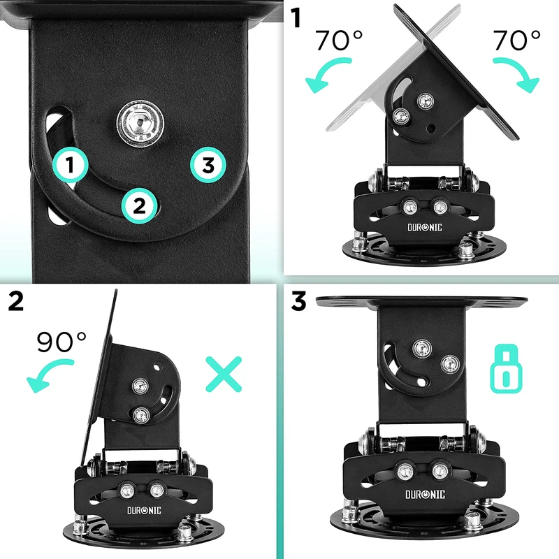 Duronic PB03XB Support pour Vidéoprojecteur Plafond Rotatif 360° Inclinable 30° Pivotant 20° Charge maximale de 13,6 kg Idéal pour Home Cinema présentations conférences
