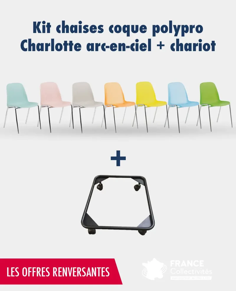 Kit chaises coque polypro Charlotte arc-en-ciel avec chariot de transport