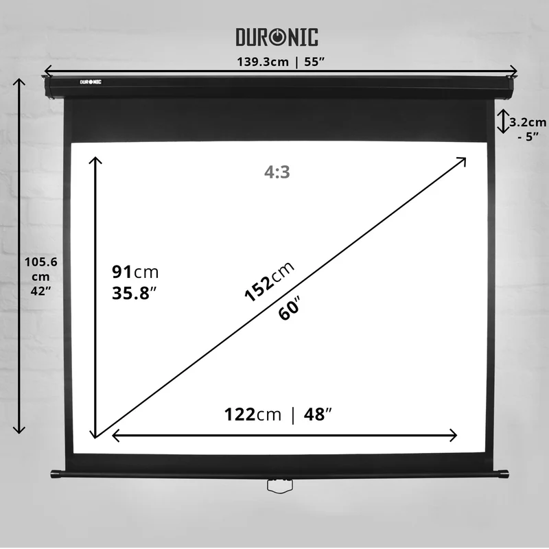 Duronic MPS60 4/3 Ecran de Projection à Déroulement Manuel 60 Pouces ou 122 x 91 cm Format d’Image de 4:3 Fixation Murale ou au Plafond Home Cinema Salle de Conférences Salle de Classe