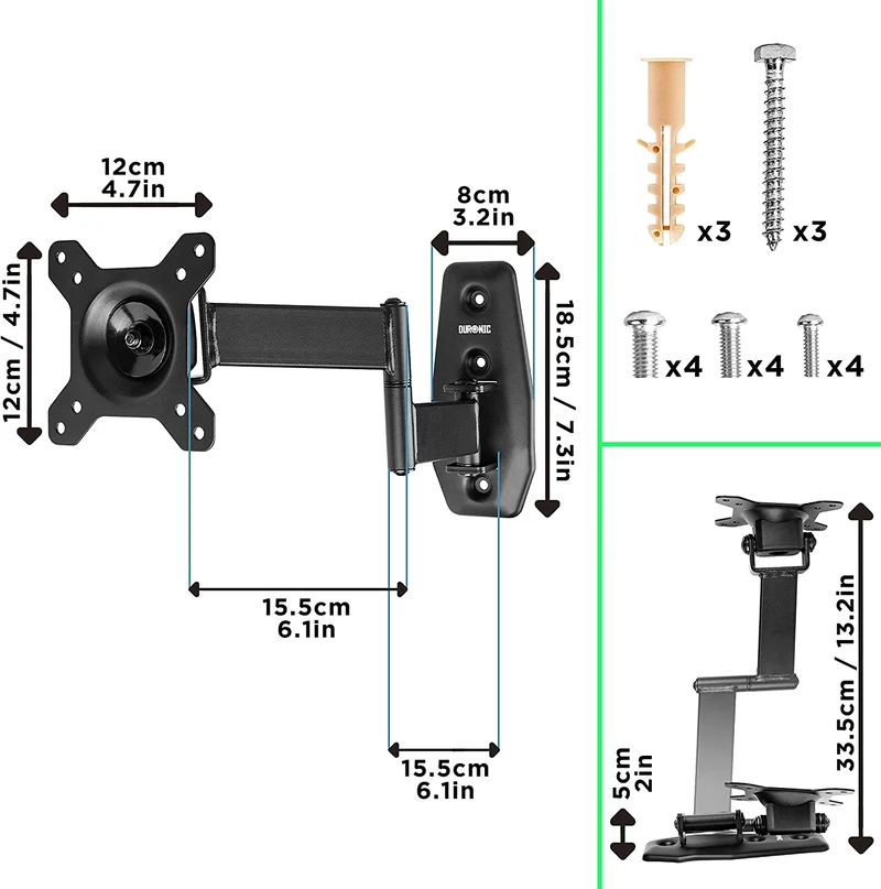 Duronic TVB1120 Support TV Mural pour écran de télévision de 13 à 30 Pouces ou 33 à 76 cm VESA 75 x 100 mm avec Bras articulé Charge maximale de 18 kg