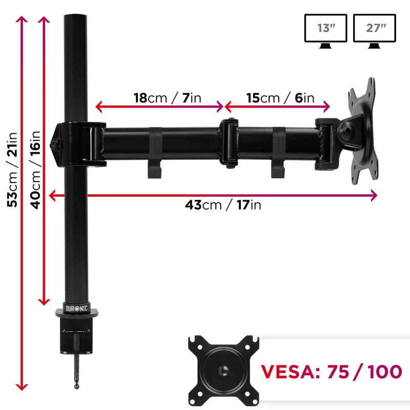 Duronic DM251X3 BK Support d'écran à Pince pour Bureau - Hauteur Ajustable - Rotatif/Inclinable/Pivotable-Compatibilité Universelle avec Moniteur d'Ordinateur LCD/LED VESA 75/100-2 Extensions