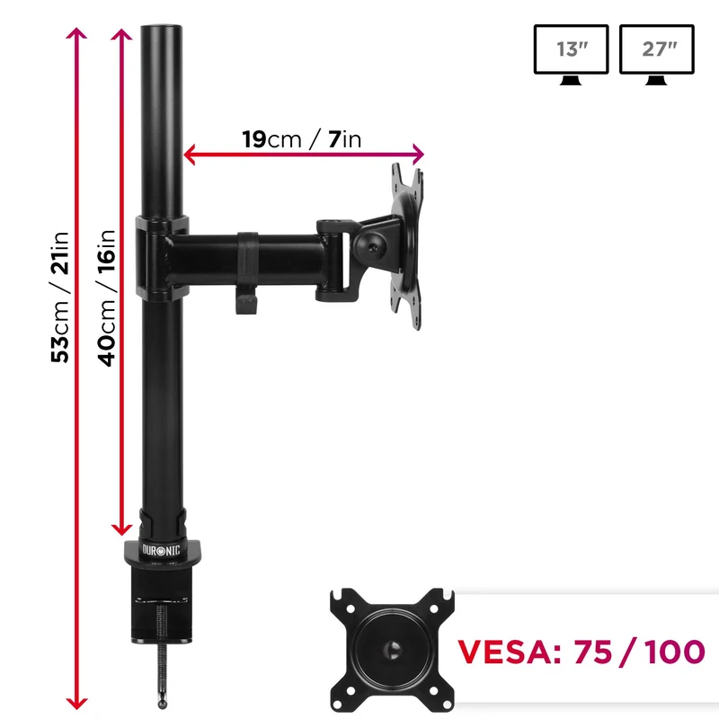 Duronic DM251X2 Support d'écran à Pince pour Bureau | Hauteur Ajustable | Rotatif/Inclinable/Pivotable | Compatibilité Universelle avec Moniteur d'Ordinateur VESA 75/100 | Potence et Bras en Acier
