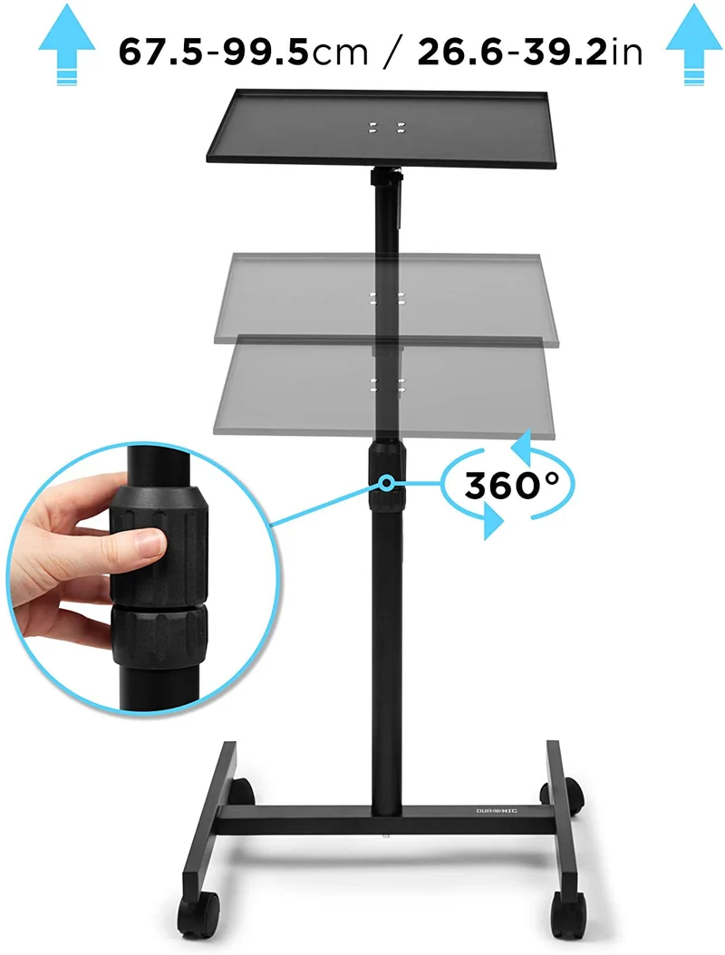 Duronic WPS20 Support pour projecteur Ordinateur Portable Table multiusage à roulettes Hauteur Ajustable 67-99 cm Manuel Capacité 10 kg Bords sécurisés et Sangle de sécurité