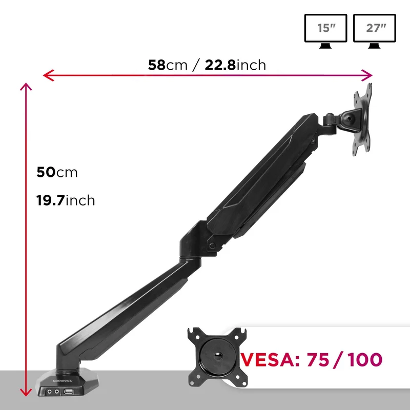 Duronic DMUSB5X1 Support d'écran à Pince pour Bureau | Mécanisme à gaz | Ajustements à la volée | Incorpore hub USB et Prise Jack pour Casque et Microphone | Compatibilité avec moniteurs VESA 75/100