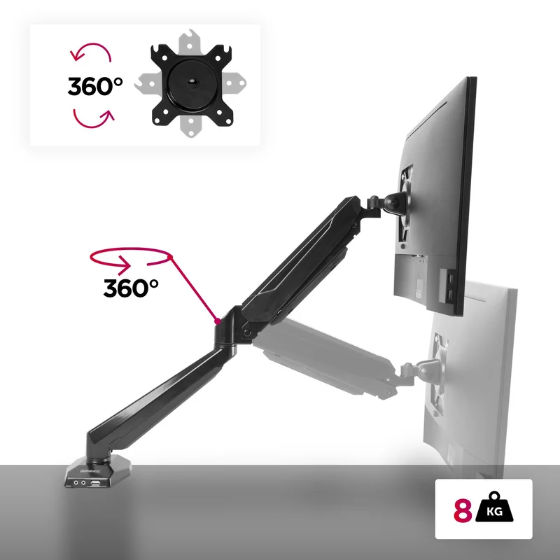 Duronic DMUSB5X1 Support d'écran à Pince pour Bureau | Mécanisme à gaz | Ajustements à la volée | Incorpore hub USB et Prise Jack pour Casque et Microphone | Compatibilité avec moniteurs VESA 75/100