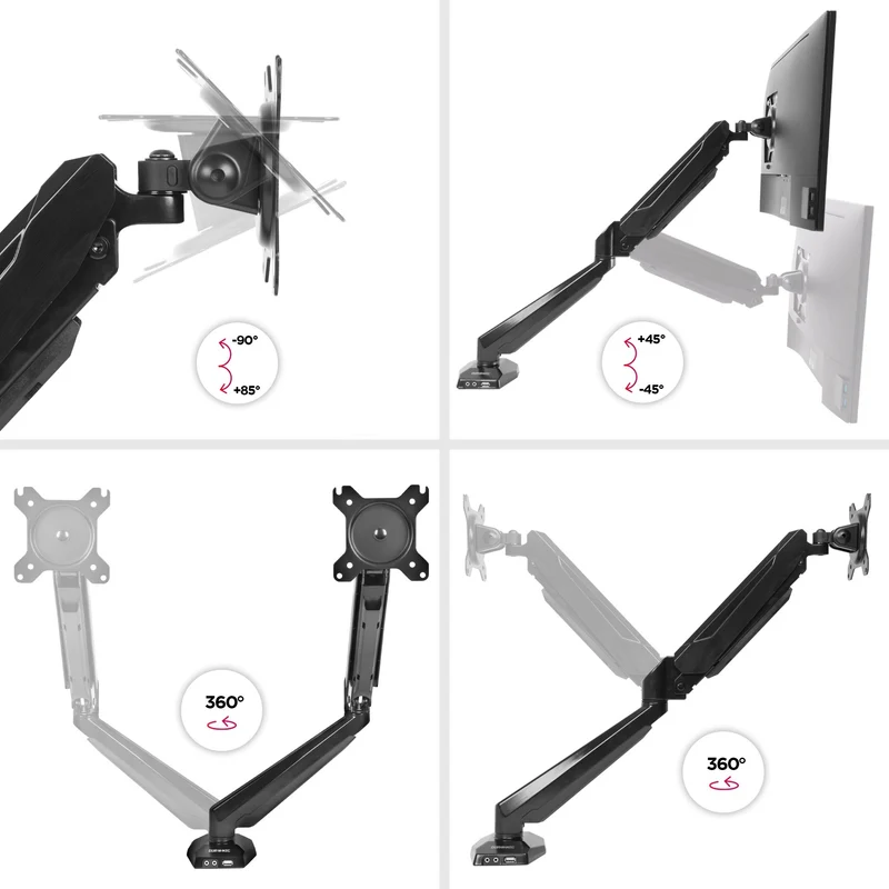 Duronic DMUSB5X1 Support d'écran à Pince pour Bureau | Mécanisme à gaz | Ajustements à la volée | Incorpore hub USB et Prise Jack pour Casque et Microphone | Compatibilité avec moniteurs VESA 75/100