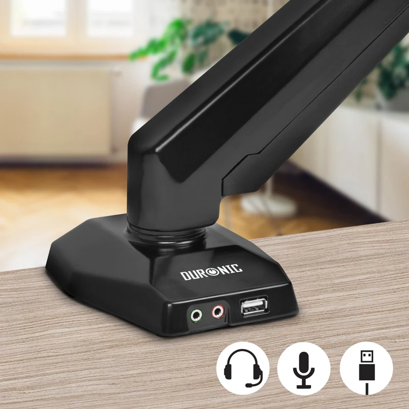 Duronic DMUSB5X1 Support d'écran à Pince pour Bureau | Mécanisme à gaz | Ajustements à la volée | Incorpore hub USB et Prise Jack pour Casque et Microphone | Compatibilité avec moniteurs VESA 75/100