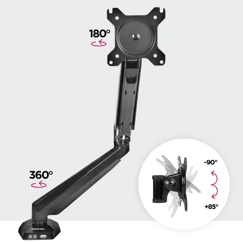 Duronic DMUSB5X1 Support d'écran à Pince pour Bureau | Mécanisme à gaz | Ajustements à la volée | Incorpore hub USB et Prise Jack pour Casque et Microphone | Compatibilité avec moniteurs VESA 75/100