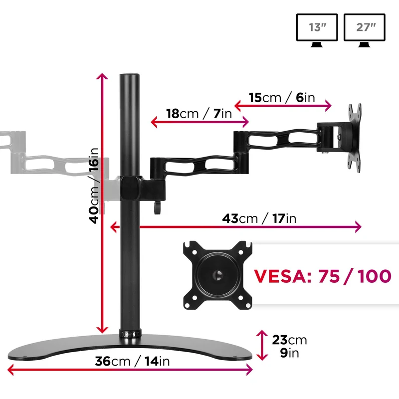 Duronic DM35D2 Support 2 écrans sur Socle pour Bureau | Hauteur Ajustable | Rotatif/Inclinable/Pivotable | Compatibilité Universelle avec Moniteur VESA 75/100 | Aluminium | Socle inclus