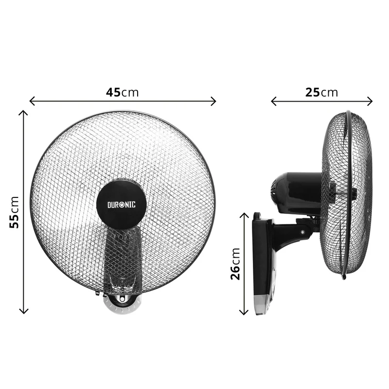Duronic FN55 BK Ventilateur mural 60W 5 Pâles de 40cm Tête oscillante avec minuteur 3 Vitesses Télécommande Moteur puissant et silencieux Support mural coulissant démontable à la volée