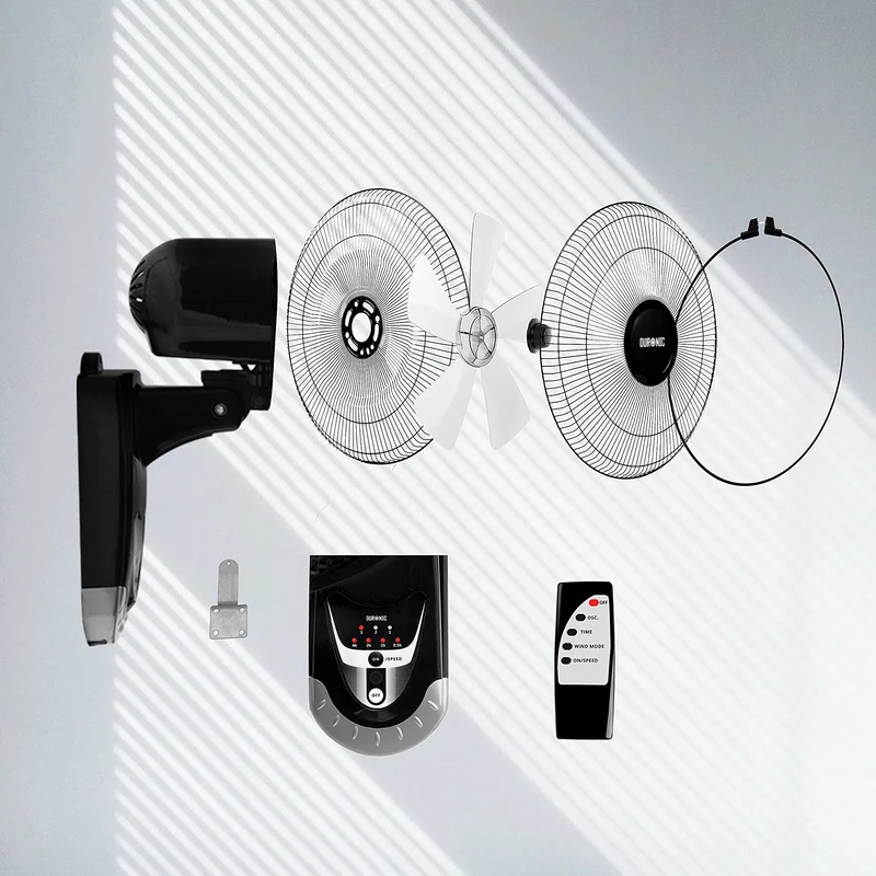 Duronic FN55 BK Ventilateur mural 60W 5 Pâles de 40cm Tête oscillante avec minuteur 3 Vitesses Télécommande Moteur puissant et silencieux Support mural coulissant démontable à la volée