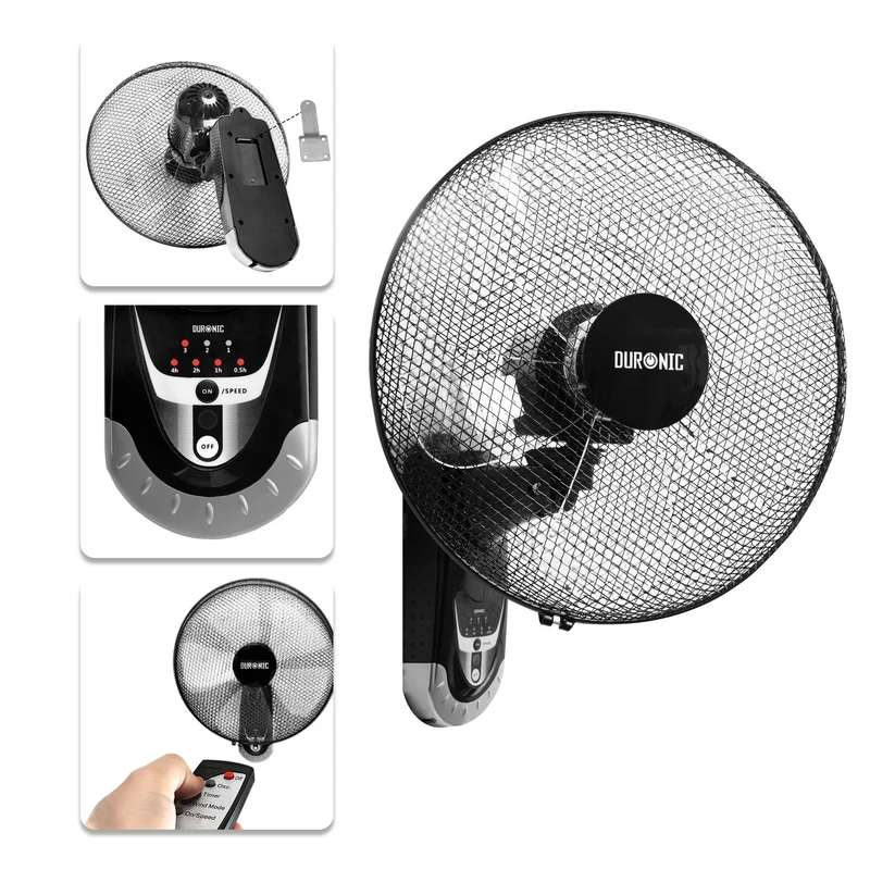 Duronic FN55 BK Ventilateur mural 60W 5 Pâles de 40cm Tête oscillante avec minuteur 3 Vitesses Télécommande Moteur puissant et silencieux Support mural coulissant démontable à la volée