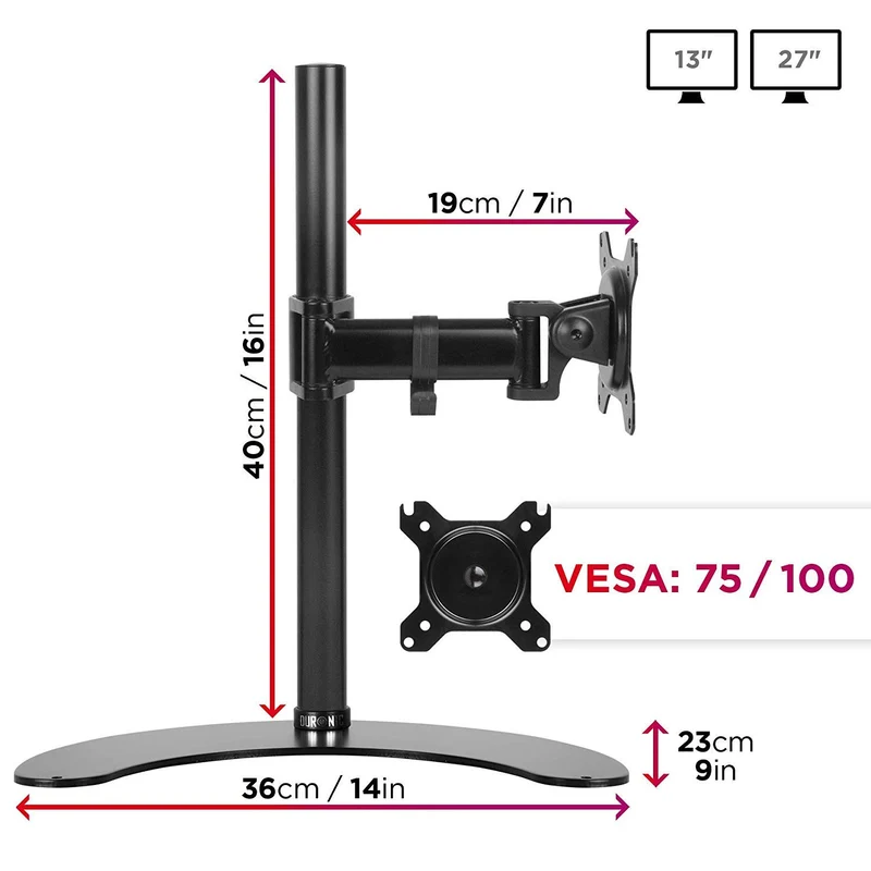 Duronic DM25D1 Support écran PC sur Socle pour Bureau | Hauteur Ajustable | Rotatif/Inclinable/Pivotable | Compatibilité Universelle avec Moniteur d'Ordinateur VESA 75/100 | Socle Inclus