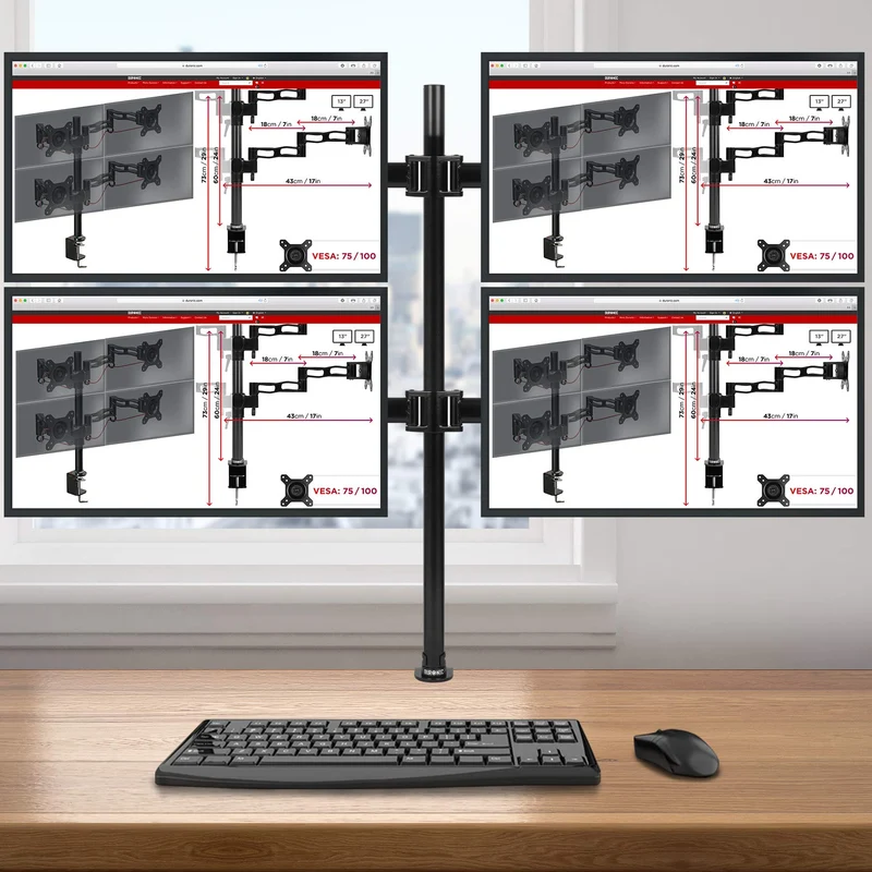 Duronic DM254 Support Quadruple 4 écrans PC à Pince pour Bureau | Hauteur Ajustable | Rotatif/Inclinable/Pivotable | Compatibilité Universelle avec Moniteur d'Ordinateur VESA 75/100