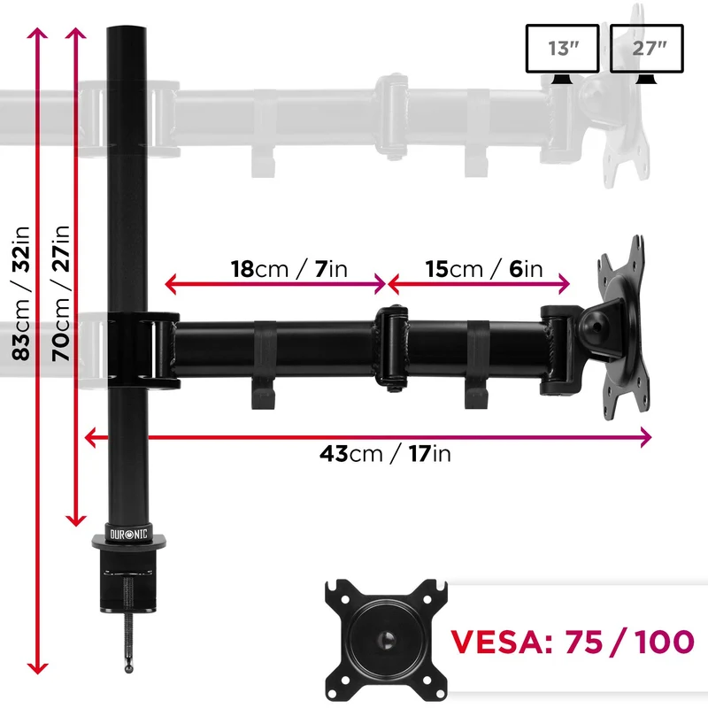 Duronic DM254 Support Quadruple 4 écrans PC à Pince pour Bureau | Hauteur Ajustable | Rotatif/Inclinable/Pivotable | Compatibilité Universelle avec Moniteur d'Ordinateur VESA 75/100