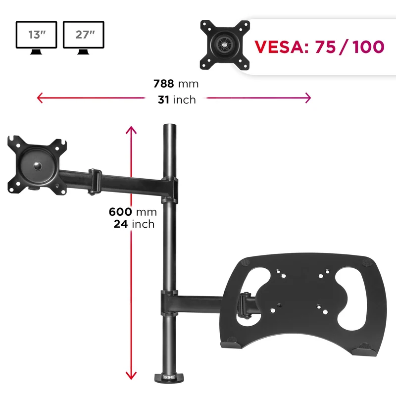 Duronic DM25L1X1 Support de Moniteur et Support d'Ordinateur Portable PC à Pince pour Bureau | Rotatif/Inclinable/Pivotable | Compatibilité Universelle avec Moniteur d'Ordinateur VESA 75/100