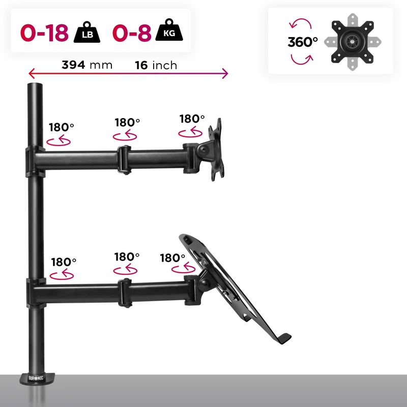 Duronic DM25L1X1 Support de Moniteur et Support d'Ordinateur Portable PC à Pince pour Bureau | Rotatif/Inclinable/Pivotable | Compatibilité Universelle avec Moniteur d'Ordinateur VESA 75/100