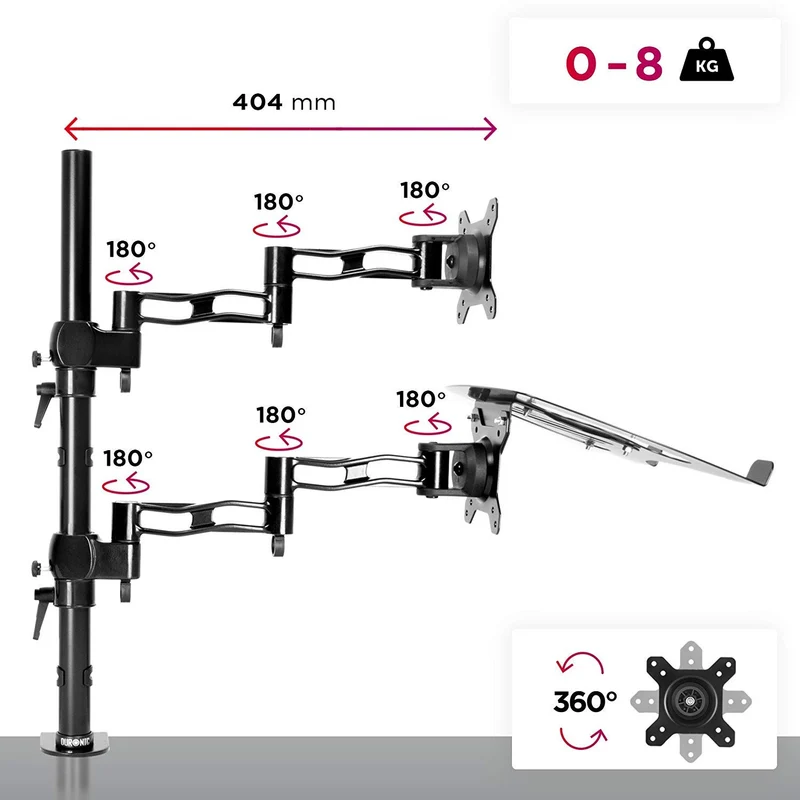 Duronic DM35L1X1 Support de Moniteur et Support d'Ordinateur Portable PC à Pince pour Bureau | Rotatif/Inclinable/Pivotable | Compatibilité Universelle avec Moniteur VESA 75/100