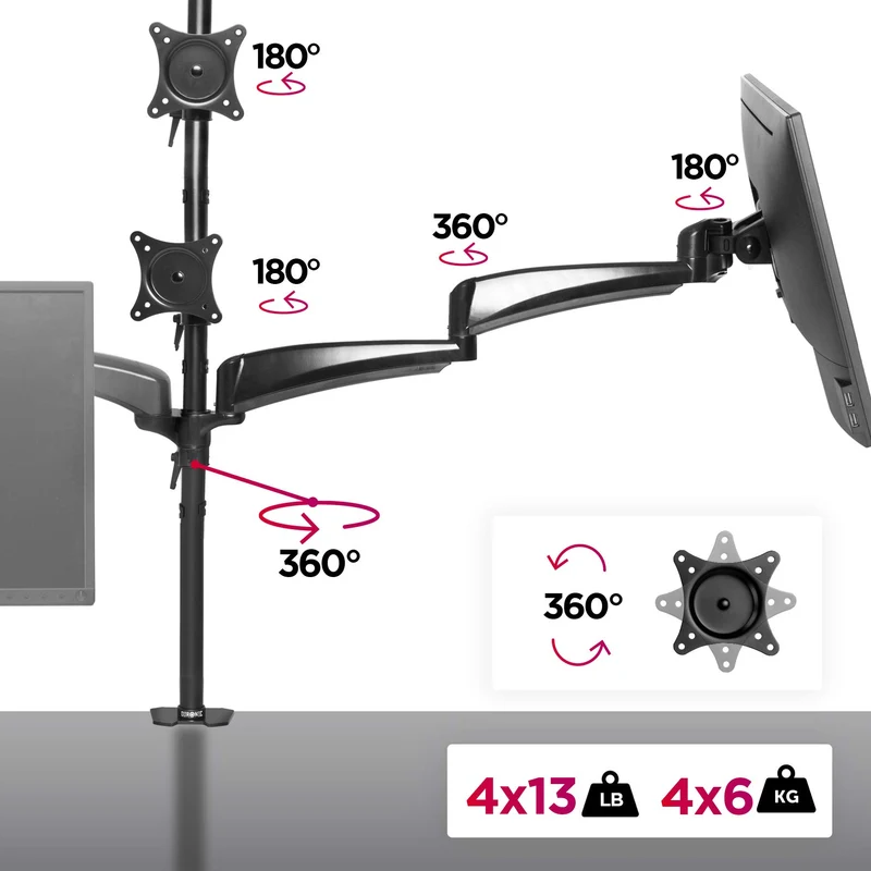 Duronic DM453VX1 Support Quadruple 4 écrans à Pince pour Bureau Passe câbles Inclus Hauteur Ajustable Rotatif Inclinable Pivotable Compatibilité avec moniteurs VESA 75/100 Aluminium