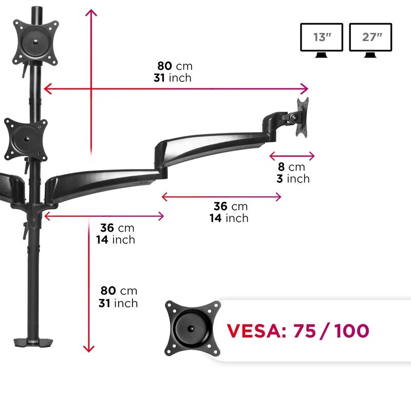 Duronic DM453VX1 Support Quadruple 4 écrans à Pince pour Bureau Passe câbles Inclus Hauteur Ajustable Rotatif Inclinable Pivotable Compatibilité avec moniteurs VESA 75/100 Aluminium