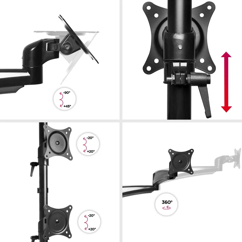 Duronic DM453VX1 Support Quadruple 4 écrans à Pince pour Bureau Passe câbles Inclus Hauteur Ajustable Rotatif Inclinable Pivotable Compatibilité avec moniteurs VESA 75/100 Aluminium