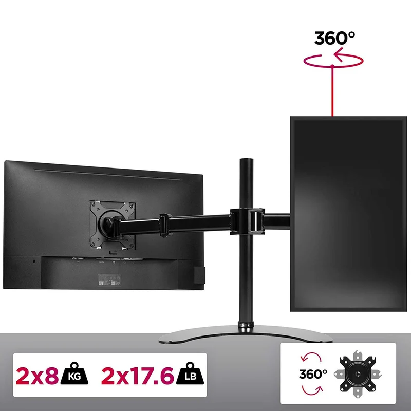 Duronic DM25D2 Support Double 2 écrans PC sur Socle pour Bureau | Hauteur Ajustable | Rotatif/Inclinable/Pivotable | Compatibilité Universelle avec Moniteur d'Ordinateur VESA 75/100 | Socle inclus