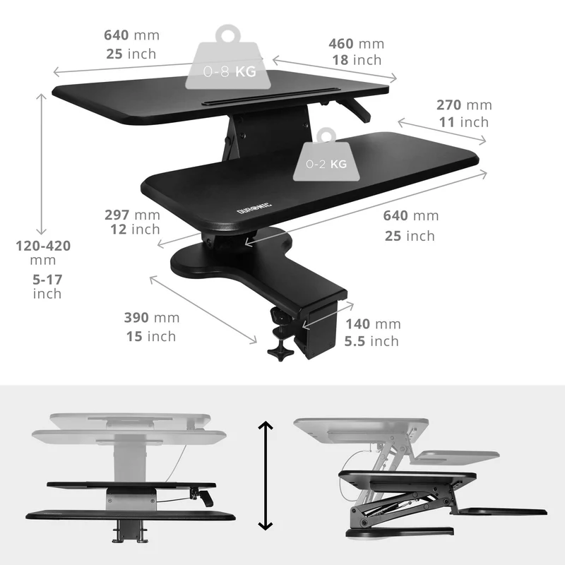 Duronic DM05D13 Poste/Station de travail assis-debout de 64 cm pour écran/clavier/souris - Hauteur ajustable de 12 à 40 cm pour travailler assis et debout - Compatible avec support de bureau Duronic
