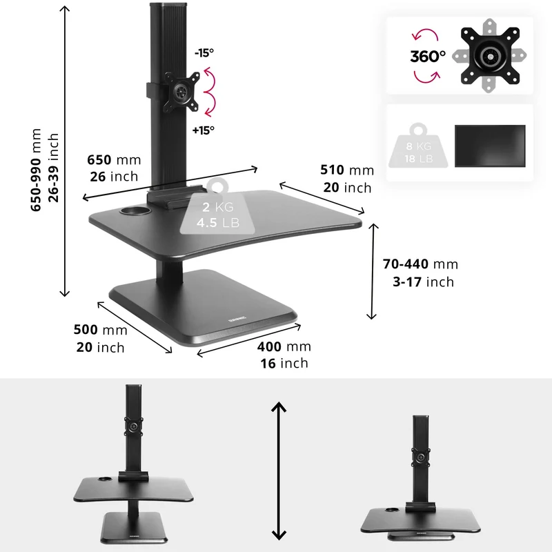 Duronic DM05D14 Poste/Station de Travail Assis-Debout de 65 cm pour écran/Clavier/Souris/avec Support d'écran incorporé - Hauteur Ajustable pour Travailler Assis et Debout