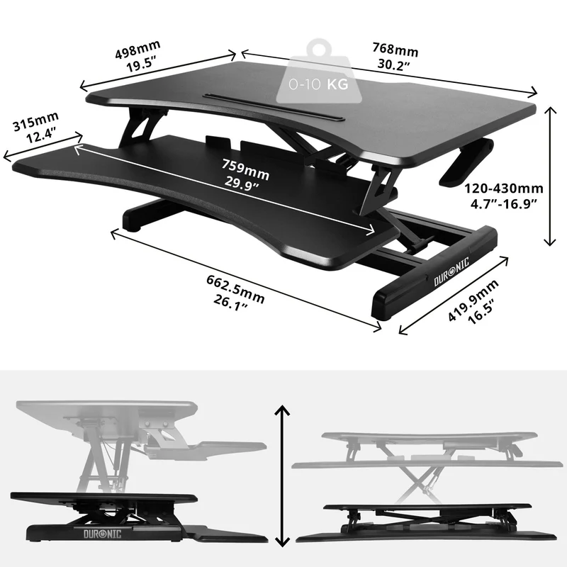 Duronic DM05D16 Station de travail assis-debout de 66 cm Hauteur ajustable de 12 à 43 cm pour travailler assis et debout - Compatible avec support de bureau pour écran Duronic - Noir
