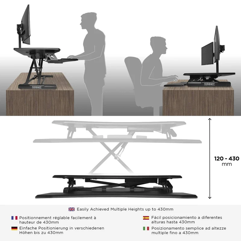 Duronic DM05D16 Station de travail assis-debout de 66 cm Hauteur ajustable de 12 à 43 cm pour travailler assis et debout - Compatible avec support de bureau pour écran Duronic - Noir