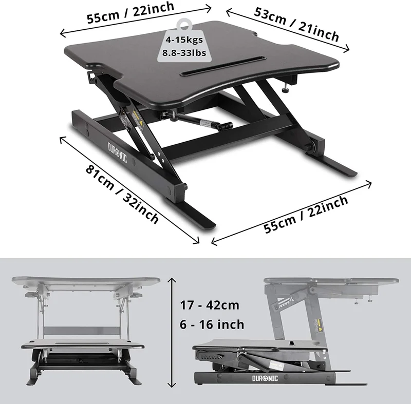 Duronic DM05D18 Poste / Station de travail assis-debout de 55 x 53 cm pour écran / clavier / souris - Hauteur ajustable de 16 à 42 cm pour travailler assis et debout - Compatible avec support de bureau Duronic