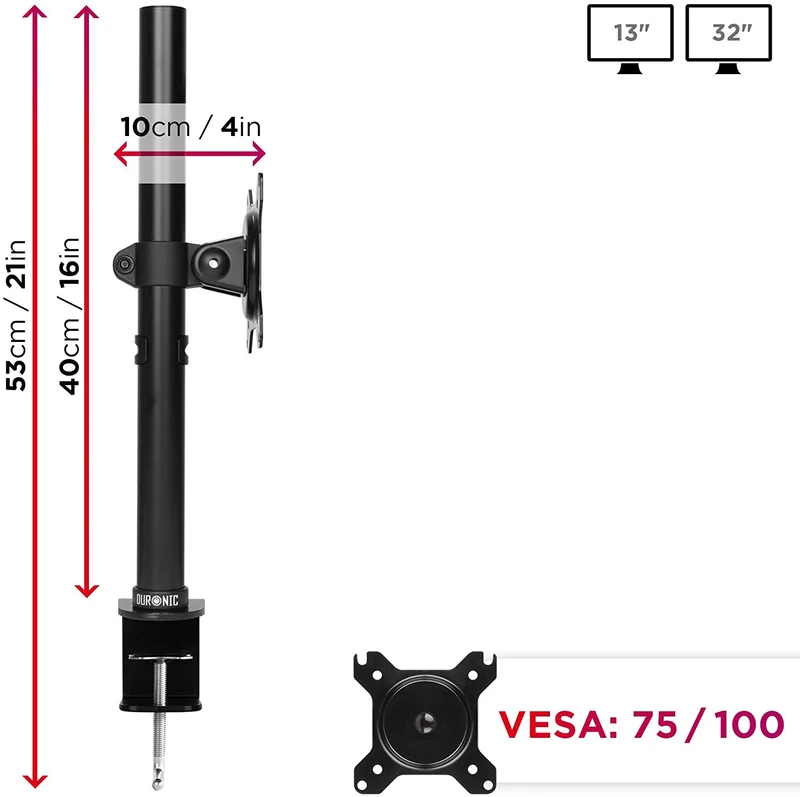 Duronic DM151X1 Support d’écran de PC à Pince pour Bureau – Hauteur Ajustable – Rotatif/Inclinable/Pivotable – Compatibilité avec moniteurs VESA 75/100 – Passe-câbles Inclus – Acier