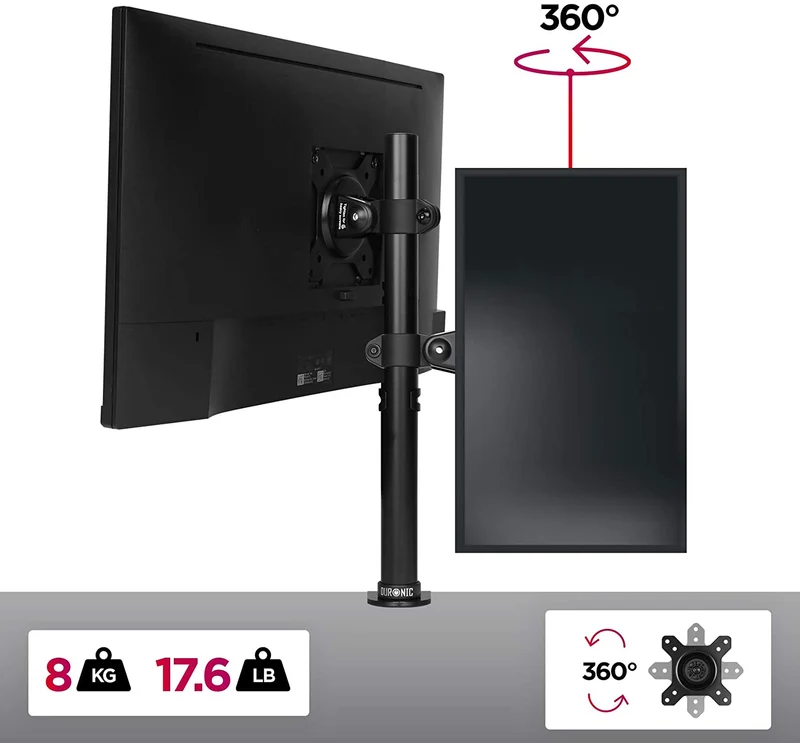 Duronic DM151X1 Support d’écran de PC à Pince pour Bureau – Hauteur Ajustable – Rotatif/Inclinable/Pivotable – Compatibilité avec moniteurs VESA 75/100 – Passe-câbles Inclus – Acier